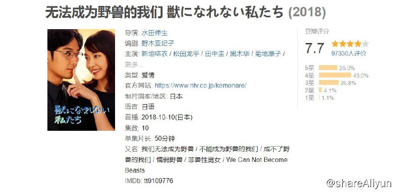 名称：无法成为野兽的我们 内嵌中字 1080P描述：新垣结衣饰演30岁的OL深海晶，笑容满满，工作完美，是被大家喜欢的理想女性，但她其实只是为了周围人的眼光而努力和忍耐，对工作和恋爱都感到烦恼而疲惫