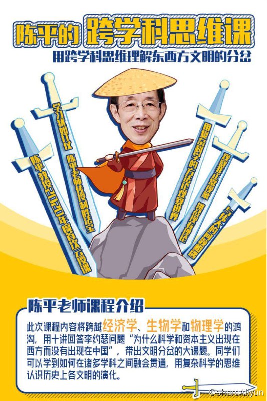 名称：陈平 - 跨学科思维课 | 视频课程描述：此次课程内容跨越经济学、生物学和物理学的鸿沟，用十进回答李约瑟问题 “为什么科学和资本主义出现在西方而没有出现在中国”，带出文明分岔的大课题，同学们可以学到如何在诸多学科之间融会贯通，用复杂科学的思维认识历史上各文明的演化