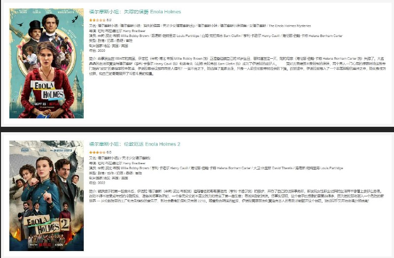 名称：福尔摩斯小姐1-2合集描述：破获接手的第一起案件后，伊诺拉·福尔摩斯（米莉·波比·布朗饰）追随著名的哥哥夏洛克（亨利·卡维尔饰）的脚步，开办了自己的侦探事务所，却发现女性职业侦探的生活并不像看上去那么容易