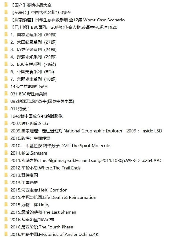 名称：全网最全纪录片合集！（11.8TB）描述：2022.10.14最新整理纪录片超大合集，包含国家地理系列、大国记录系列、历史记录系列、探索未知系列、BBC专栏系列、中国美食系列、荒野求生系列、自然地理系列、哔哩哔哩UP主系列等等，共计11.8TB（部分被封禁，实际转存容量会小一些）