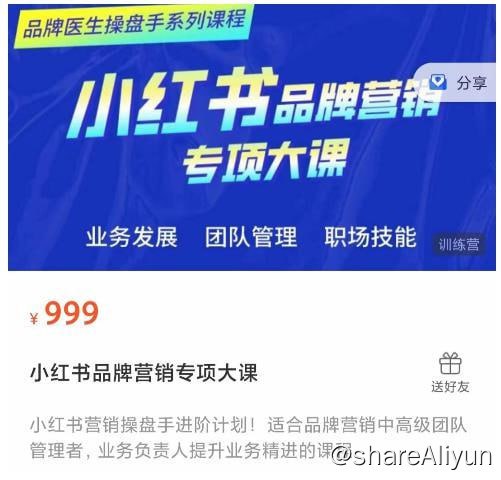 名称：【品牌医生】操盘手系列课程：小红书品牌营销专项大课，操盘手进阶描述：小红书营销操盘手进阶计划！适合品牌营销中高级团队管理者，业务负责人提升业务精进的课程！链接：