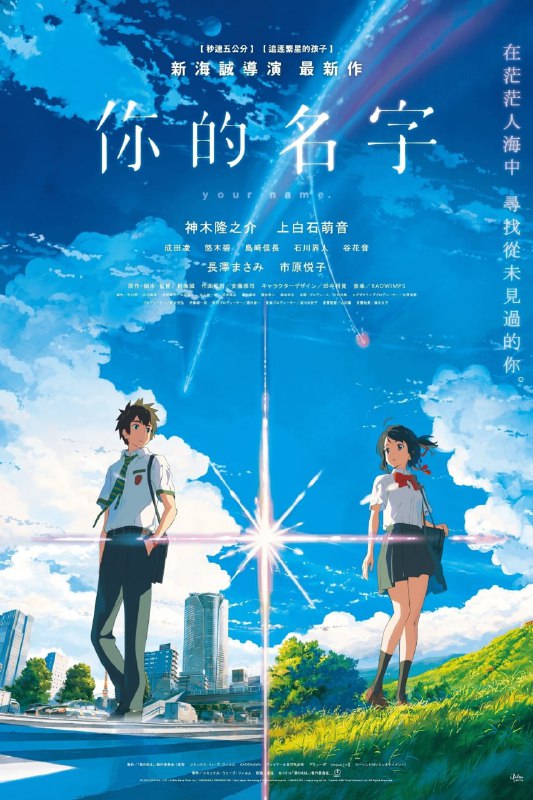 名称：你的名字 (2016)描述：《你的名字》是日本动画导演新海诚编剧与执导、于2016年8月26日在日本首映的动画电影