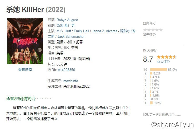 名称：杀她（2022）中文字幕描述：烂番茄观众评分92%新鲜度 IMDB 8.7分 最新惊悚犯罪动作恐怖片链接：