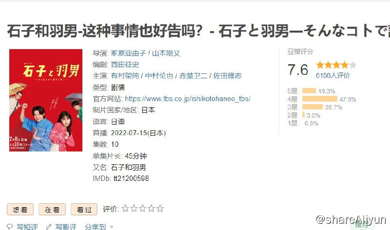 名称：石子和羽男-这种事情也好告吗？内嵌中字 1080P描述：石子（有村架纯饰）是在父亲绵郎（佐田雅志饰）经营的“潮法律事务所”工作的事务员