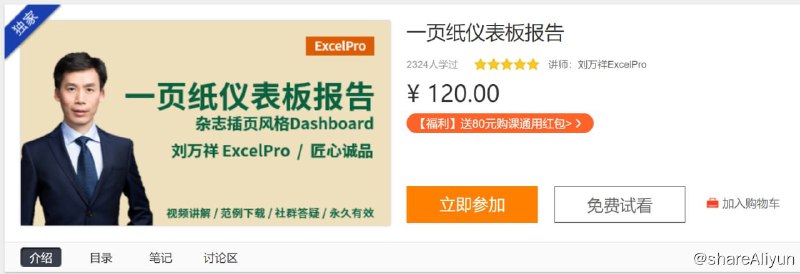 名称：一页纸仪表板报告描述：本课程告诉你，如何把月报表做成图文并茂、具有商业杂志专业范的一页纸报告(Excel Dashboard Report)，可打印为A4纸随身携带，发送到手机、iPad随时查看，让老板对你刮目相看！链接：