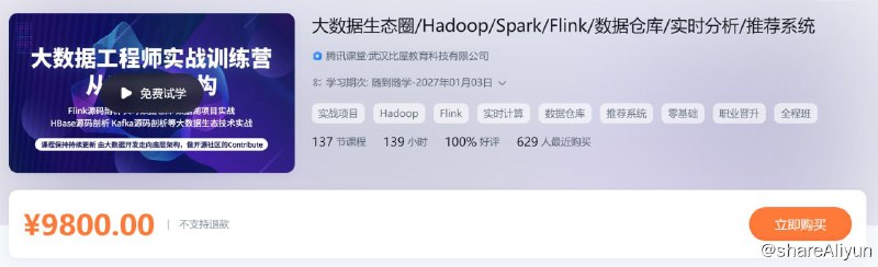 名称：大数据工程师实战训练营描述：大数据生态圈 Hadoop Spark Flink 数据仓库 实时分析 推荐系统
