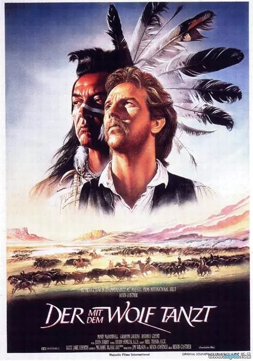 名称：与狼共舞 Dances with Wolves (1990)描述：邓巴中尉(凯文•科斯特纳 Kevin Costner 饰)在南北战争中立了大功，政府为了褒奖他，给了他任意选择驻地的特权