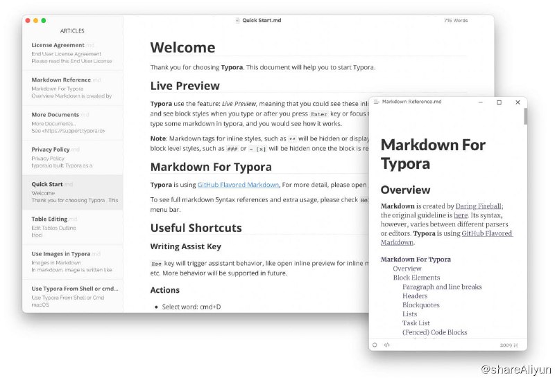 名称：Typora Markdown 编辑器学习版描述：Typora 一款Markdown 编辑器和阅读器 风格极简/多种主题/支持 macOS,Windows 及 Linux 实时预览/图片与文字/代码块/数学公式/图表 目录大纲/文件管理/导入与导出链接：