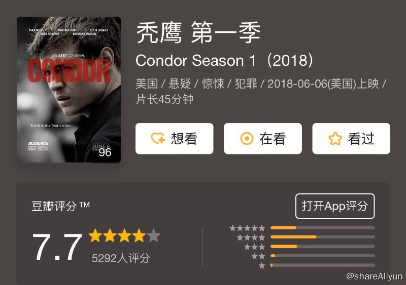名称：秃鹰 Condor S01~S02描述：Max Irons以主演加盟Audience Network直接预订10集的《秃鹰 Condor》，该剧根据1975年的政治惊悚片《秃鹰七十二小时 Three Days of the Condor》所改篇