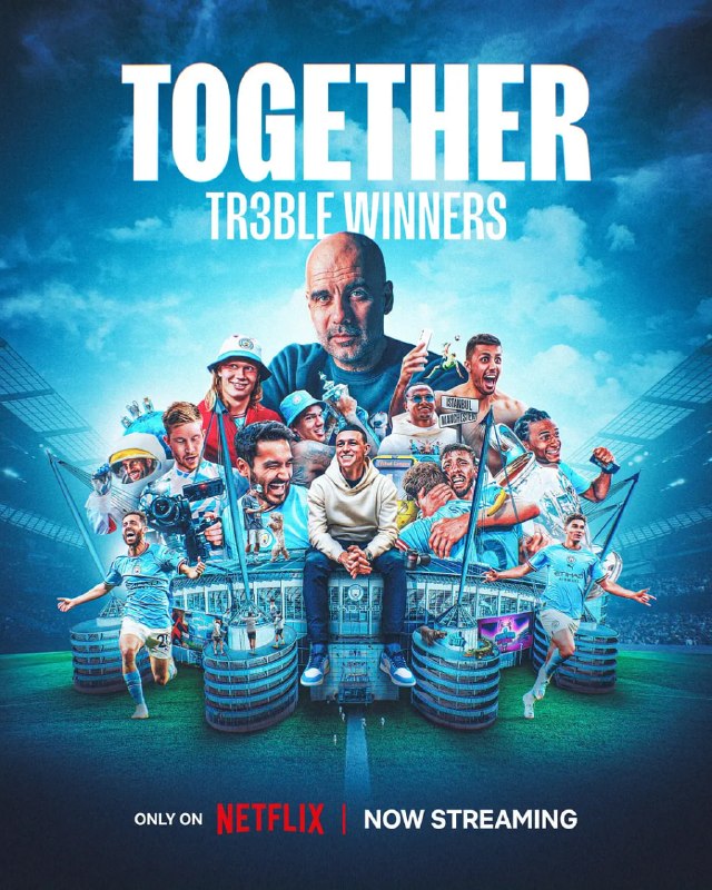 名称：齐心协力：三冠王 Together：Treble Winners (2024)描述：这部系列纪录片回顾了曼城足球俱乐部空前绝后的 2022-23 赛季，见证蓝色军团赢得史无前例的三连冠