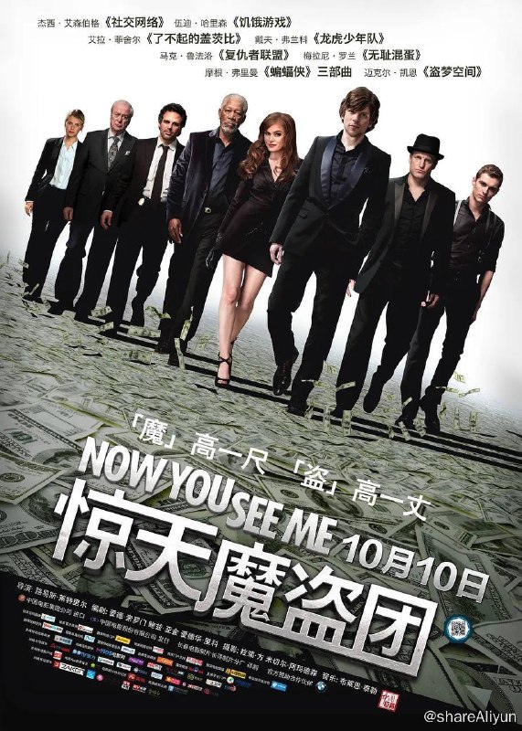 名称：惊天魔盗团1 4K原盘REMUX 杜比视界 内封字幕描述：不夜赌城拉斯维加斯，豪华的表演大厅内正在进行一场前所未有的魔术表演，由丹尼尔·阿特拉斯（杰西·艾森伯格 Jesse Eisenberg 饰）、亨莉·里维斯（艾拉·菲舍尔 Isla Fisher 饰）、杰克·怀尔德（戴夫·弗兰科 Dave Franco 饰）和梅里特·麦克金尼（伍迪·哈里森 Woody Harrelson 饰）四位魔术师组成的“四骑士”配合天衣无缝，在众目睽睽之下偷来了某法国银行金库内350万欧元纸币，此举在现场至全世界引起轰动