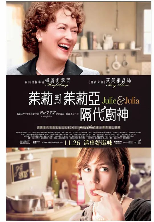 名称：朱莉与朱莉娅 Julie & Julia (2009)描述：对工作感到灰心沮丧的曼哈顿下城发展公司员工茱莉•鲍威尔(艾美·亚当斯Amy Adams 饰)决定用一年时间实践美国最受欢迎的电视名厨茱莉亚•切尔德(梅丽尔•斯特里普 Meryl Streep 饰)第一本食谱《精通法国烹饪的艺术》中的全部524道菜，并写博客记录每日进展