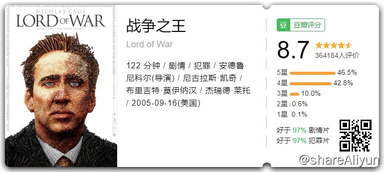 名称：战争之王 Lord of War（刮削 原盘）描述：本来美国移民尤瑞（尼古拉斯•凯奇 Nicolas Cage 饰）的家族生意是开饭馆