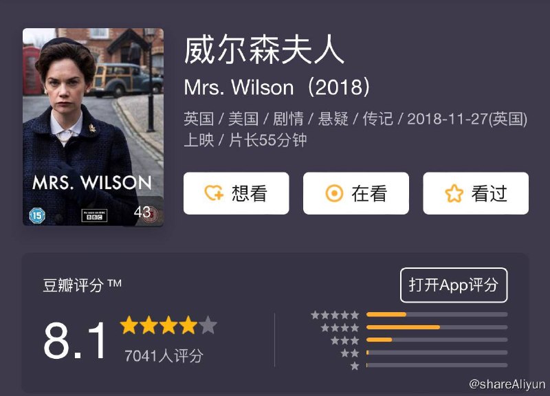名称：威尔森夫人 Mrs. Wilson S01描述：露丝·威尔森（Ruth Wilson）将在BBC在三集迷你剧《The Wilsons》中饰演自己的祖母Allison Wilson