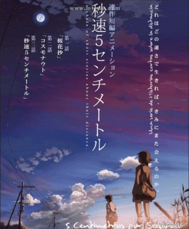 名称：秒速5厘米 (2007) 1080P 中字外挂字幕描述：少年时，贵树（水桥研二 配音）和明理（近藤好美 配音）是形影不离的好朋友，可很快，一道巨大的鸿沟便横亘在两人中间：明理转学，贵树也随着父母工作的调动搬到遥远的鹿儿岛