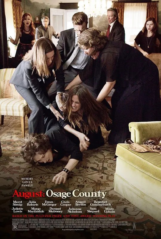 名称：八月：奥色治郡 August Osage County (2013)描述：Beverly和Violet(梅丽尔·斯特里普 Meryl Streep 饰)是一对老夫妻了，如今的他们，一个靠喝酒，另一个靠嗑药来维持这段夫妻关系