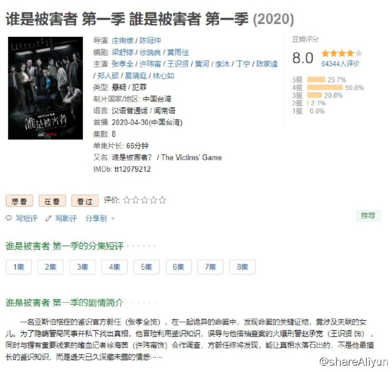 名称：《谁是被害者 第一季》 (2020) 全6集 ​​​豆瓣评分：8.0描述：网飞悬疑推理台剧《谁是被害者 第二季》6月21日上线，张孝全、许玮甯等原班人马回归