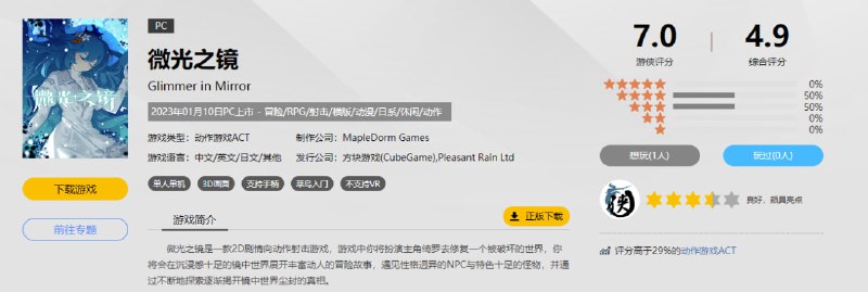 名称：微光之镜描述：微光之镜是一款2D剧情向动作射击游戏，游戏中你将扮演主角绮罗去修复一个被破坏的世界，你将会在沉浸感十足的镜中世界展开丰富动人的冒险故事，遇见性格迥异的NPC与特色十足的怪物，并通过不断地探索逐渐揭开镜中世界尘封的真相