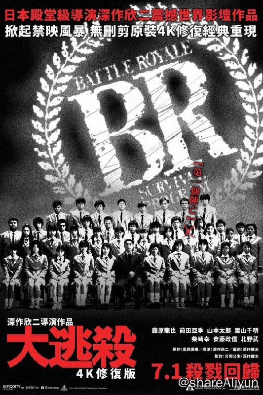 名称：大逃杀(2000)4K REMUX描述：为了培养出忠实效忠于成人、在逆境中坚忍不拔的青少年一代，日本政府出台《BR》法案