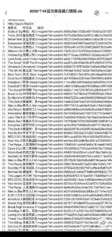 名称：8000个4K蓝光原盘磁力链接描述：文件类型为xls，约8000个磁力链接，全都是REMUX原盘 电影，值得收藏