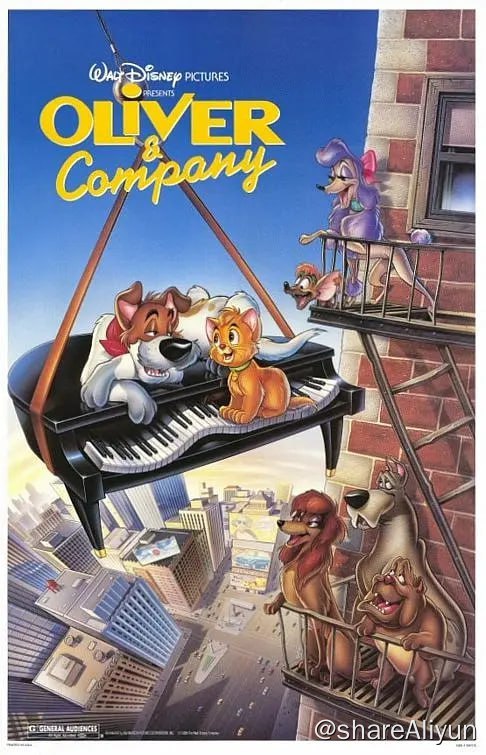 名称：奥丽华历险记 Oliver & Company (1988)描述：《奥丽华历险记》的故事是改编自狄更斯的名著《远大前程》，不过迪士尼却把主角改成一只橙色的小猫咪Oliver，场景也由雾都伦敦搬到五光十色的纽约大都会，剧情则是叙述Oliver与它的一干狗朋友们，还有女孩Janny之间患难见真情的故事