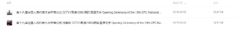 名称：第十九届全国人民代表大会开幕仪式 CCTV1高清1080i源码 国语无字 Opening.Ceremony.of.the.19th.CPC.National.Congress.20171018.1080i.描述：第十九届全国人民代表大会开幕仪式 CCTV1高清1080i源码 国语无字 Opening.Ceremony.of.the.19th.CPC.National.Congress.20171018.1080i.链接：