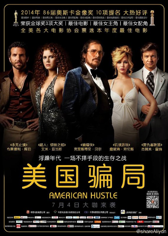 名称：美国骗局 4K原盘REMUX 杜比视界 内封字幕描述：一次偶然中，埃文（克里斯蒂安·贝尔 Christian Bale 饰）遇见了性感美艳的脱衣舞女西德尼（艾米·亚当斯 Amy Adams 饰），趣味相投的两人一见钟情，很快就打得火热