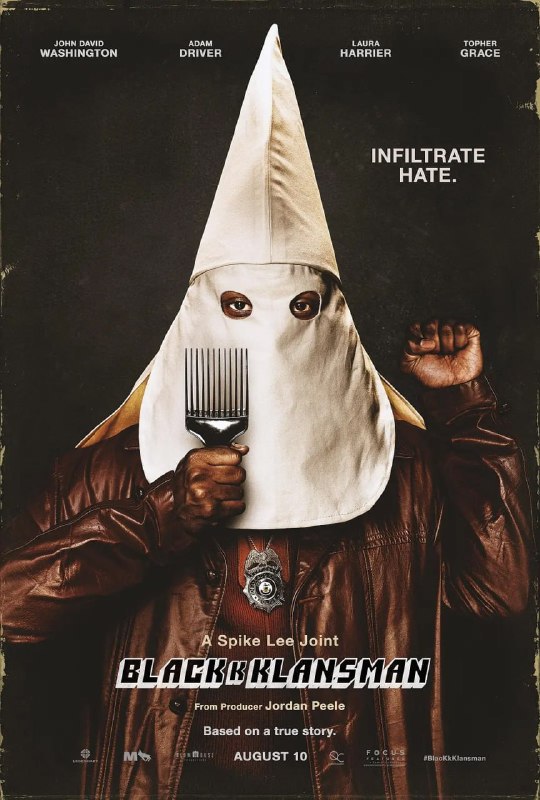 名称：黑色党徒 BlacKkKlansman (2018)描述：《黑色党徒》根据2014年罗恩·斯塔尔沃斯所著的自传改编，讲述了一名科罗拉多州的黑人警察，成功潜入当地的3K党组织做卧底的故事