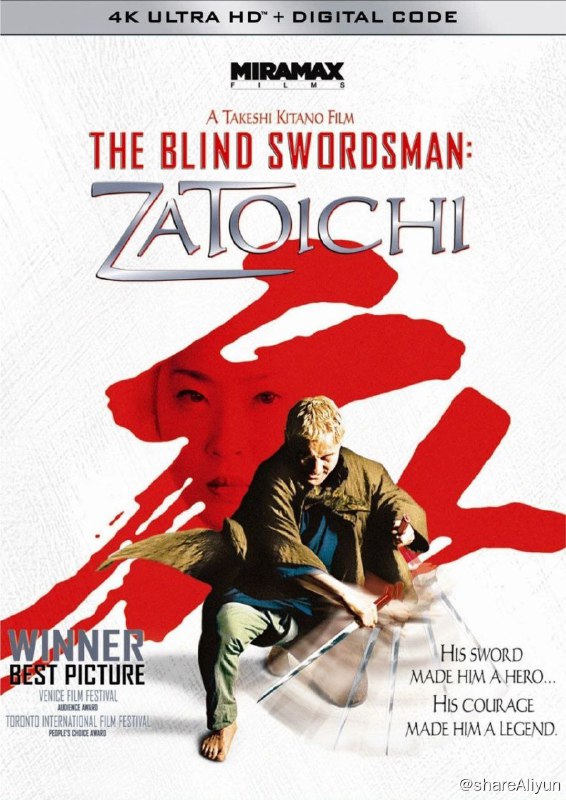 名称：座头市 (2003) 4K UHD 中字外挂字幕描述：盲剑客座头市（北野武饰）来到一个小镇上，他染着金发，身怀绝技，出手致命