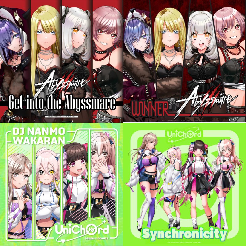 名称：D4DJ 4盘 Abyssmare - Get into the Abyssmare / Abyssmare - WINNER / UniChØrd - Synchronicity / UniChØrd - DJ NANMO WAKARAN描述：Release Date : 2023/03/02Catalog Number : BRDM-10222Tracklist101. Get into the AbyssmareCatalog Number : BRDM-10223Tracklist201. WINNERCatalog Number : BRDM-10224Tracklist301. SynchronicityCatalog Number : BRDM-10225Tracklist401. DJ NANMO WAKARAN链接：