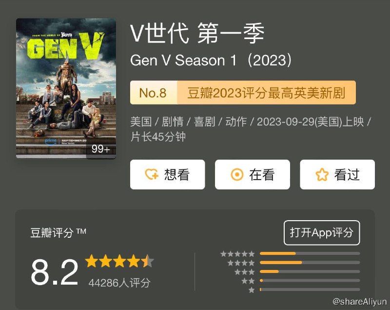 名称：V世代 Gen V S01描述：V世代》是一部衍生自《英雄克星》，以美国唯一一所超级英雄学院为背景的惊险刺激的新剧集