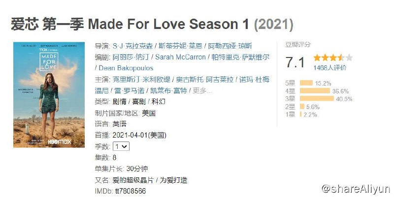 名称：爱芯 1-2季 2160P描述：HBO Max的半小时剧《爱芯 Made for Love》改编自Alissa Nutting的同名小说，S.J. Clarkson及Patrick Somerville负责此项目