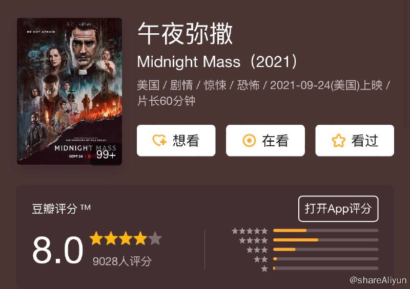名称：午夜弥撒 Midnight Mass S1描述：《午夜弥撒》由《鬼入侵》创剧人迈克·弗拉纳根倾力打造，故事背景设定在与世隔绝的小岛社区，身败名裂的年轻人（扎克·吉尔福德饰）再度回归，同时一名魅力非凡的牧师（哈米什·林克莱特饰）到访，加剧了这个社区的分裂