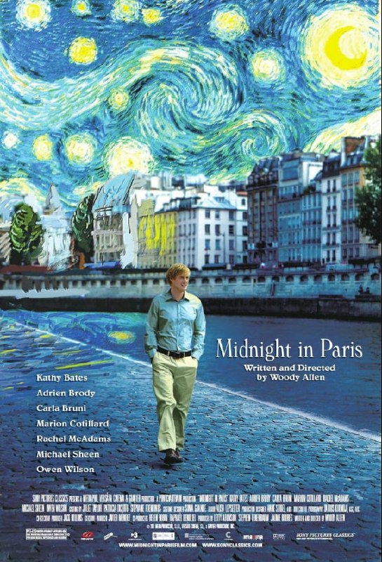 名称：午夜巴黎 Midnight in Paris (2011)描述：吉尔（欧文•威尔逊 Owen Wilson 饰）携未婚妻伊内兹（瑞秋•麦克亚当斯 Rachel McAdams 饰）陪着岳父岳母来巴黎度假