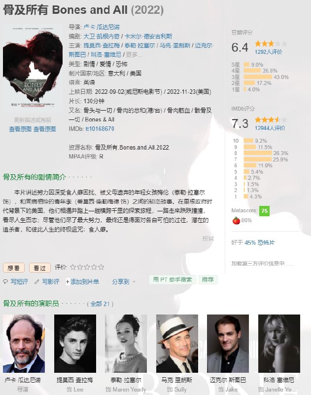 名称：骨及所有.2022.中字描述：甜茶主演，最新R级恰人恐怖电影，演绎重口味恐怖浪漫爱情