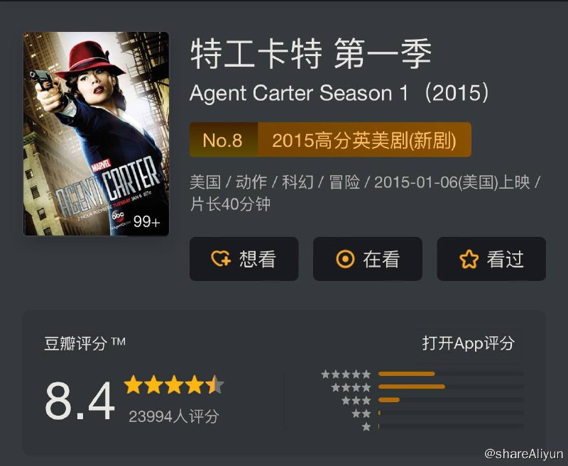 名称：特工卡特 Agent Carter S01-S02描述：Peggy Carter（Hayley Atwell）是美国队长的女友，也是特别短片《卡特探员》（Agent Carter）中的主角