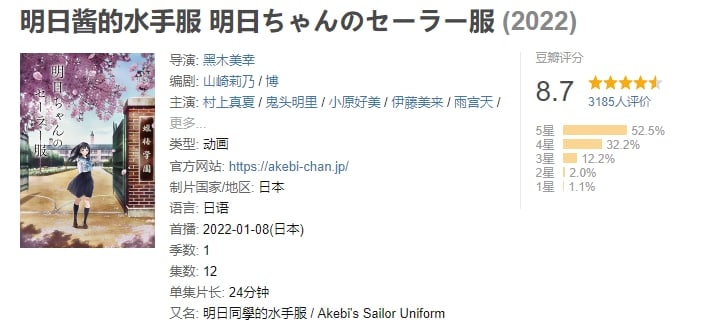 名称：明日酱的水手服 明日ちゃんのセーラー服 (2022)描述：“第一次”是“无论多少次”——