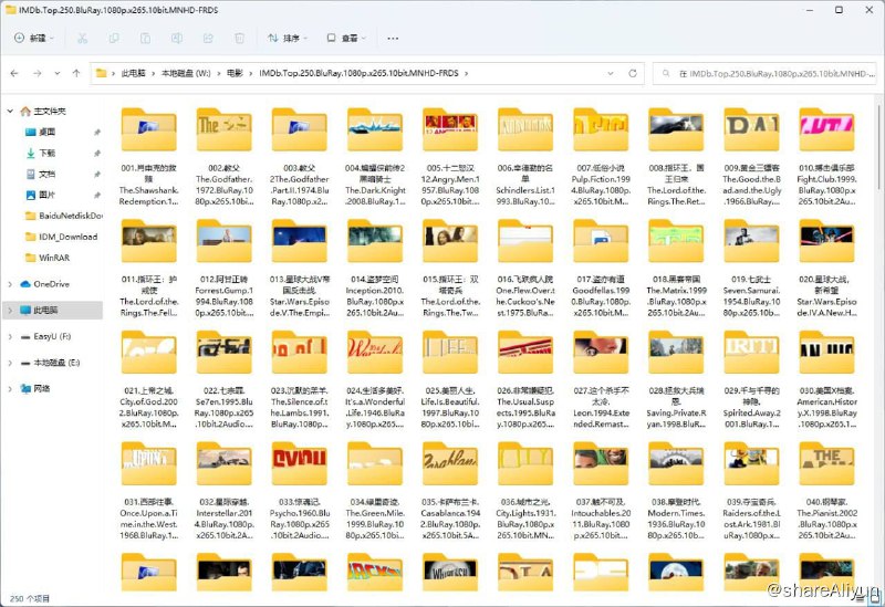 名称：【失效补链】 IMDb Top250 电影合集 1080p 蓝光 高码率 国英音轨 内封多字幕 【FRDS 精品合集 珍藏版】【已全部刮削】【1.69TB】描述：IMDb Top250电影合集，FRDS出品，内封国英双语（无国语版片源除外），基本是多音轨