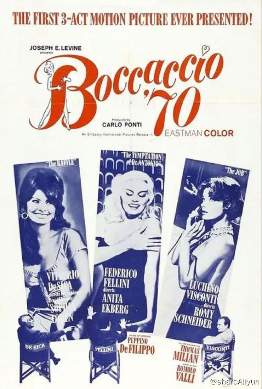 名称：三艳嬉春 (1962) 1080P 中字外挂字幕描述：维斯康提那段讲罗密·施奈德扮演的美丽少妇设计向丈夫报仇，冒充他情妇，让他花钱才能得到她；德西卡的那段讲一个胆小的人赢得一个奖，奖品是跟一个女孩的约会；莫尼切里那段在很多海外版本中均被删除，其风格比较偏传统喜剧，较低调，容易消失在同行的阴影里；但最为出彩的还是费里尼的那段，名为《安东尼博士的诱惑》，讲一个波霸美女从海报上“活”过来，取笑一个道貌岸然的禁欲男子