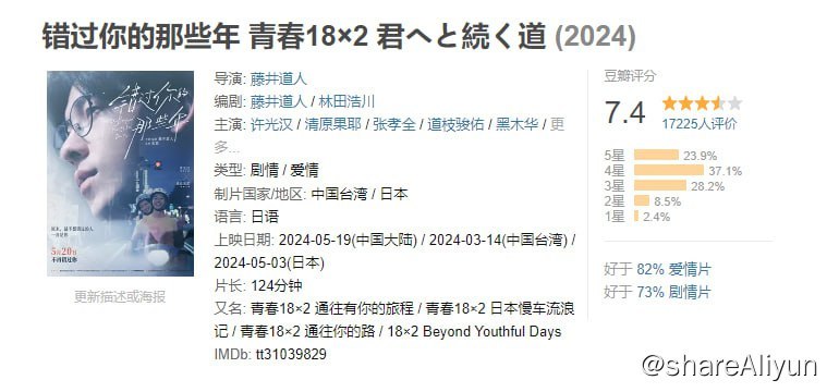 名称：错过你的那些年 (2024) 1080P 中字描述：许光汉 × 清原果耶主演青春纯爱电影，又名：青春18×2 通往有你的旅程