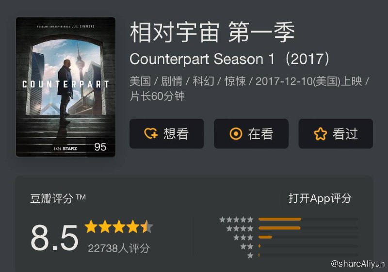名称：相对宇宙 Counterpart S01~S02描述：JK Simmons主演的Starz科幻剧《相对宇宙 Counterpart》由Morten Tyldum当执行制片及执导首集，于15年时预订两季，每季10集